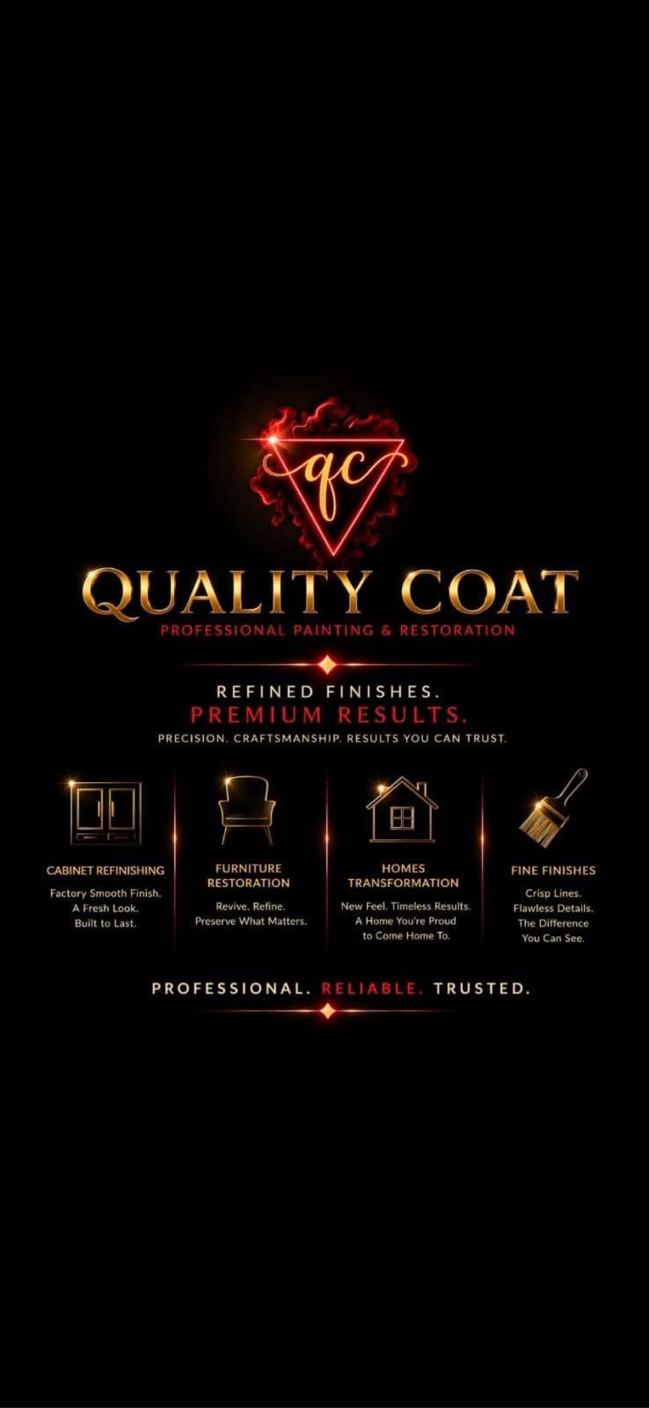 Quality Coat services flyer: cabinet refinishing, furniture restoration, home transformation, fine finishes